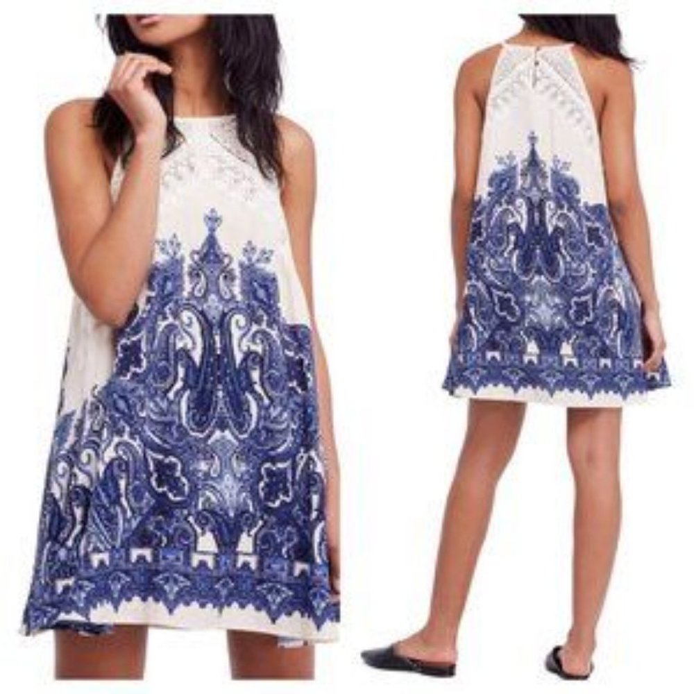 NWT Free People Shea Ivory/Blue Mini Dress Large